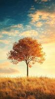 Autumn sunset with a solitary tree in a grassy field photo