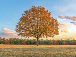 Autumn sunset over a vibrant maple tree in an open field photo