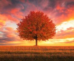 A vibrant tree in autumn against a colorful sunset sky photo