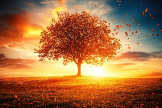Autumn sunset with a solitary tree and falling leaves in the field photo