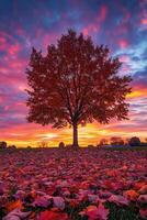 Vibrant autumn sunset with a red tree in a colorful sky photo