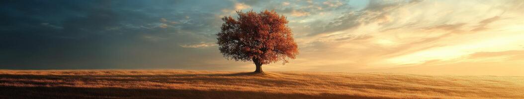 A solitary tree under a vibrant sunset sky in an open field photo
