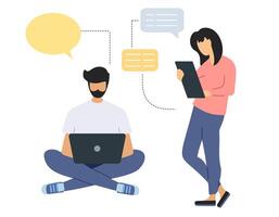 Communication. Man and woman work together and discuss their tasks in front of their computers. Flat style illustration vector