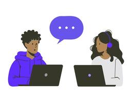 Two people work together and discuss their tasks in front of their computers. Communication. Flat style illustration vector