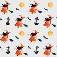 Halloween pattern with witch on a broom. Halloween background. Orange witch flying on broom vector