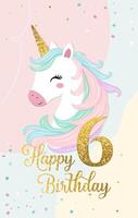 Happy birthday card with cute unicorn and number six. Gentle unicorn Birthday template, greeting card, invitation vector