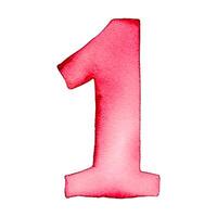 Hand drawn watercolor number 1. Pink painting of the number one isolated on a white background. vector