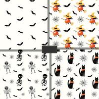 Halloween patterns with witch, bat, skeletons, cat. Seamless halloween backgrounds vector