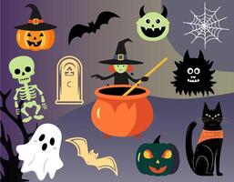 Set of elements for halloween in cartoon style. Halloween set witch, pumpkins, ghosts, skeleton. vector