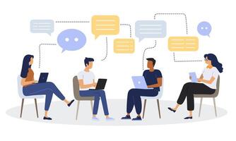 Flat illustration people with computers. Men and women with laptops. Dialogue and communicate at workplace between colleagues vector
