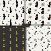 Seamless halloween patterns with witch, skeletons, cat. Monochrome halloween backgrounds vector