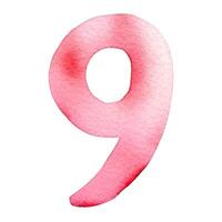 Hand drawn watercolor number 9. Pink painting of the number nine isolated on a white background. vector