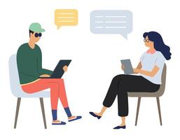 Man and woman discuss their tasks in front of their computers, work together. Communication. Flat style illustration vector