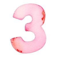 Hand drawn watercolor number 3. Pink painting of the number three isolated on a white background. vector
