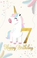 Happy birthday card with cute unicorn and number seven. Gentle unicorn Birthday template, greeting card, invitation vector