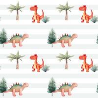 Seamless pattern with cute watercolor dinosaurs and trees. Watercolor nursery backgrounds vector