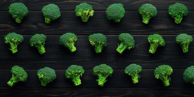 Fresh broccoli arranged on a wooden table in a neat pattern photo