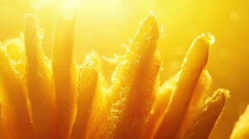 Golden crispy French fries on a bright background in sunlight photo
