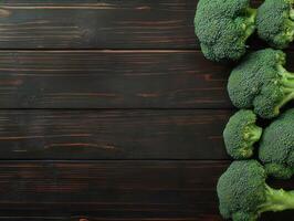 Fresh broccoli arranged on a dark wooden kitchen table photo