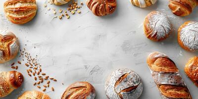 Freshly baked bread loaves arranged on a light-colored surface photo
