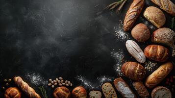 Freshly baked bread assortment on a dark background with copy space photo