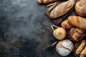 Freshly baked bread rolls on a wooden board with space for text photo