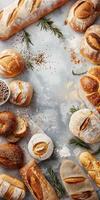Freshly baked artisan bread displayed on a marble surface photo