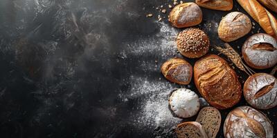 Freshly baked bread assortment on dark background with space for text photo