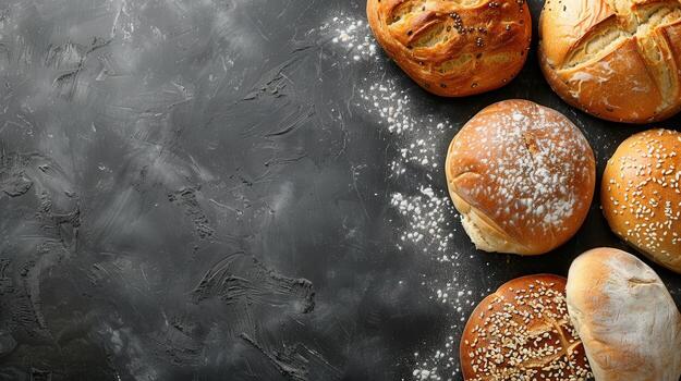 Freshly baked bread rolls on a rustic black background photo