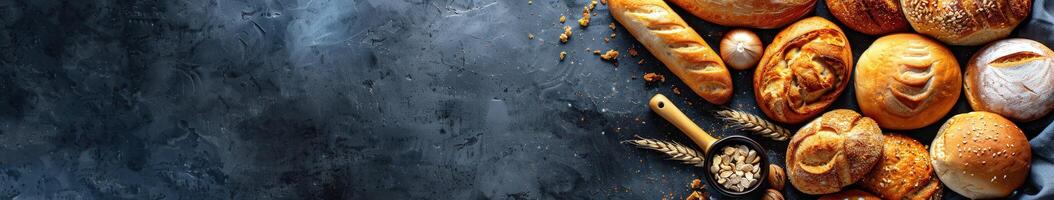 Freshly baked bread assortment on dark background with copy space photo