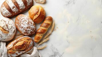 Freshly baked artisan bread with a rustic backdrop and copy space photo