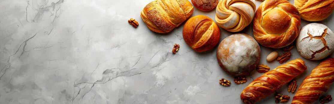 Freshly baked bread arranged on a marble countertop with copy space photo