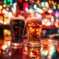 Dark and light beers served at a lively bar counter in the evening photo