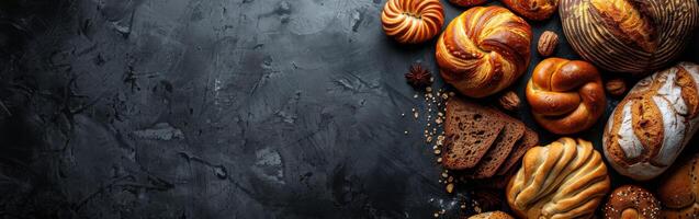 Freshly baked bread assortment on a dark surface with empty space photo