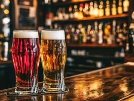 Dark and light beers served on a wooden bar counter in a pub photo