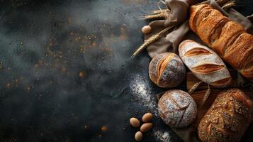 Freshly baked bread assortment on a rustic wooden board at noon photo