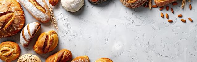 Freshly baked artisan bread arranged on a textured surface with space photo