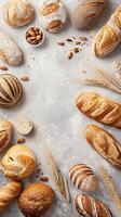 Freshly baked artisan bread with nuts and grains on a light background photo