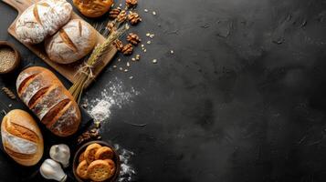 Freshly baked bread on a dark countertop with ingredients nearby photo