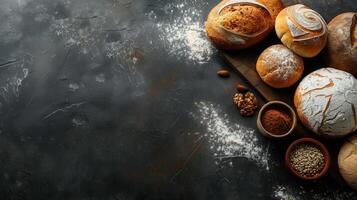 Freshly baked bread on a wooden board with empty space for text photo
