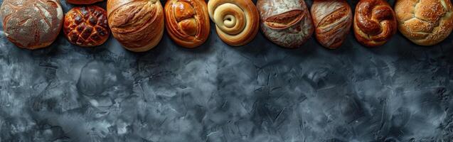 Freshly baked artisan bread on a dark countertop with copy space photo
