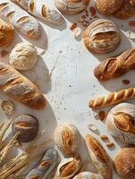 Freshly baked bread assortment on a table with copy space photo