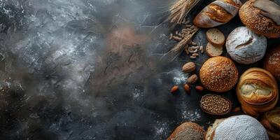 Freshly baked artisan bread assortment on a dark countertop photo