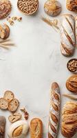 Freshly baked bread surrounded by grains and nuts on a light backdrop photo