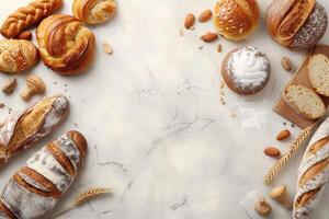 Freshly baked artisan breads on a marble countertop with copy space photo