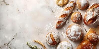Freshly baked artisanal bread on a marble surface with herbs photo