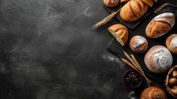 Freshly baked bread variety on a rustic table with copy space photo