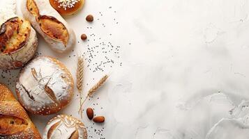 Freshly baked artisan bread on a textured background with copy space photo