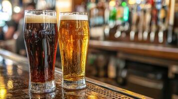 Two glasses of dark and light beer at a lively bar counter photo