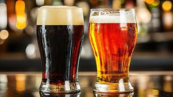 Two glasses of dark and light beer on a bar counter in a pub photo